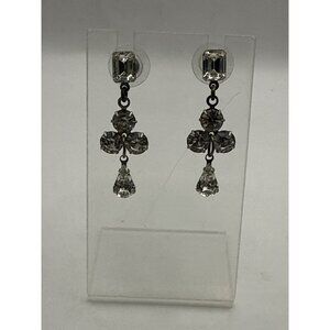 Vintage Rhinestone Drop Dangle Earrings Silver Tone Post Back
